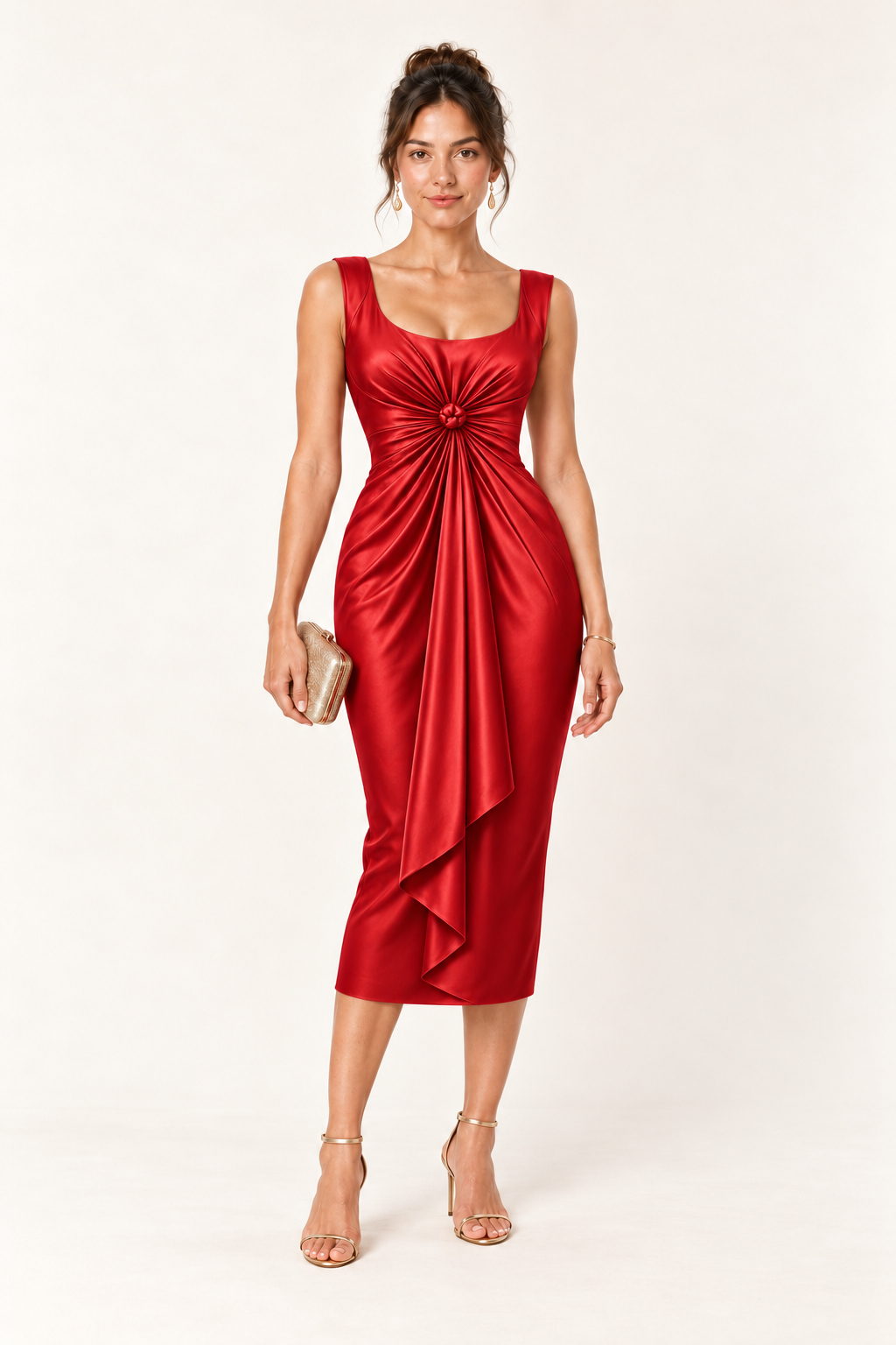 The personalised sleeveless design in red satin, previewed on a model with gold heels